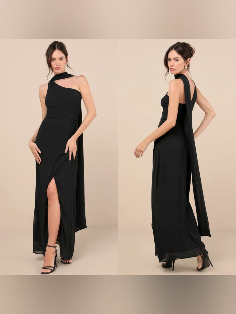 Lulus Adeline Black One-Shoulder Scarf Maxi Dress S Wedding Party Formal